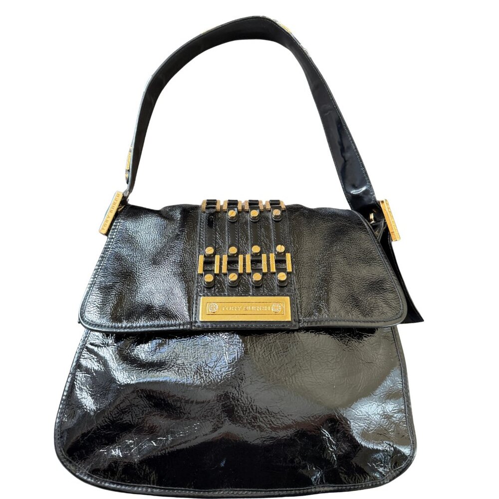 Tory Burch Black Patent Leather Shoulder Bag – Gold Hardware & Logo Lining